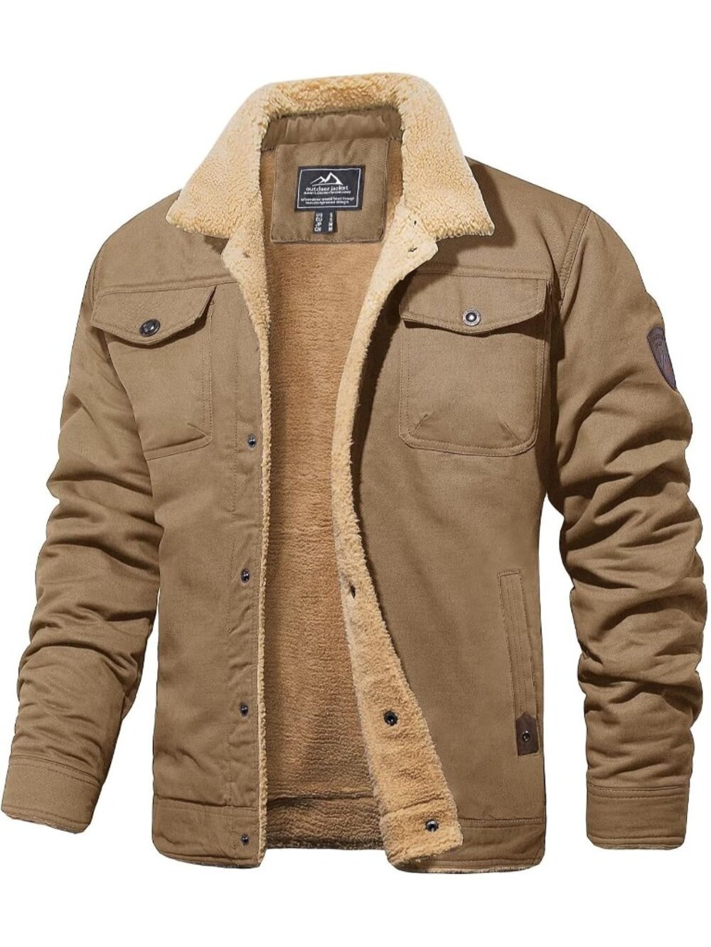 Mens Khaki Sherpa Fleece Jacket Winter Cotton Truck Coat Warm Casual Outerwear